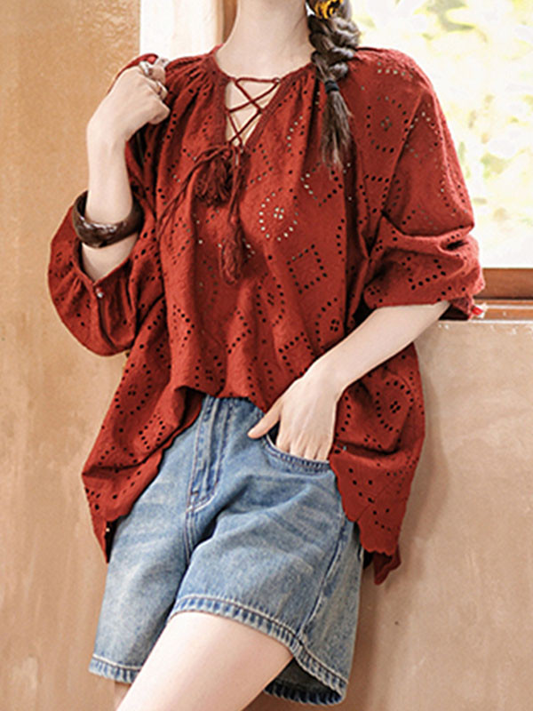 Long Sleeves Loose Hollow Pleated Solid Color Split-Joint Tied V-Neck Blouses&Shirts Tops