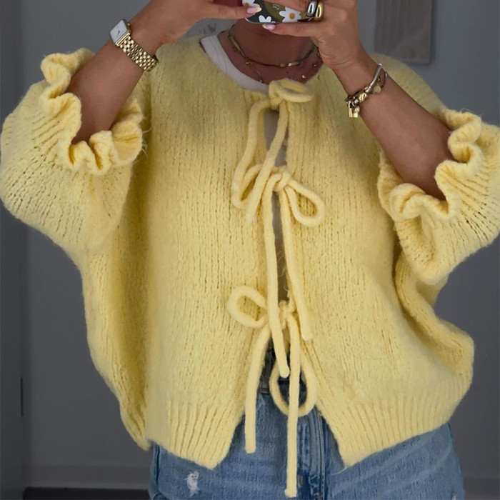 Stylish Casual Yellow Lace-Up Sweater
