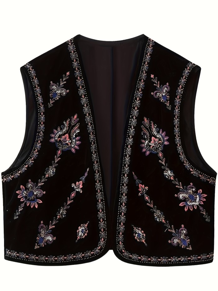 Women's Vintage Embroidered Vest Velvet Floral Boho Open Front Cropped Cardigan Vests