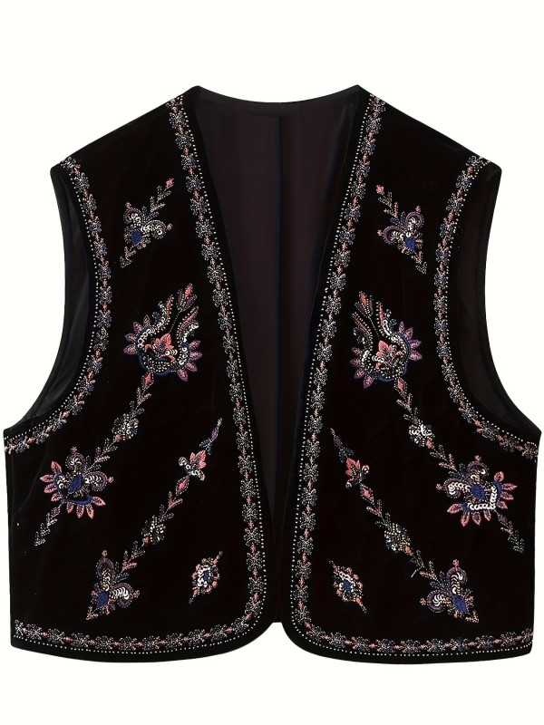 Women's Vintage Embroidered Vest Velvet Floral Boho Open Front Cropped Cardigan Vests