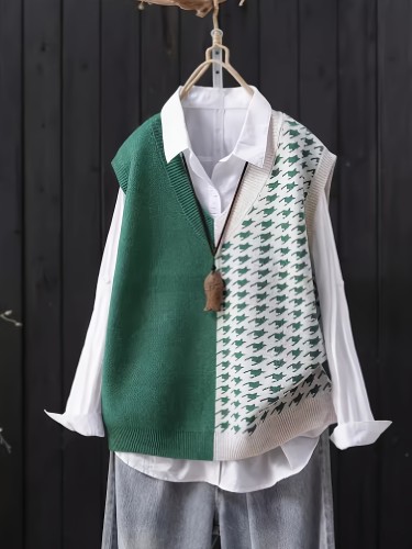 Houndstooth V Neck Sweater Vest, Casual Color Block Sleeveless Knit Vest For Spring & Fall, Women's Clothing