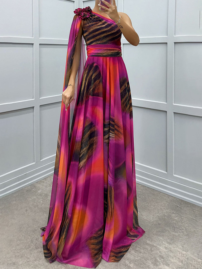 Chic Chiffon Print Off-Shoulder Dress