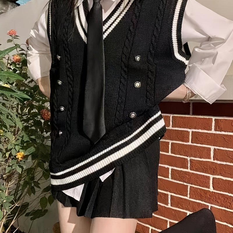 Contrast Trim V-neck Vest, Preppy Cable Knit Loose Solid Color Knitted Top, Women's Clothing