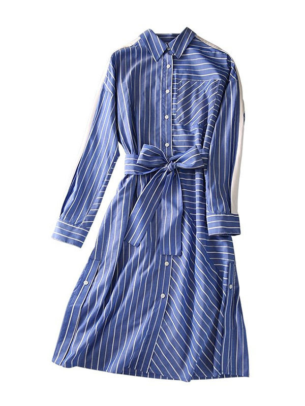 Long Sleeves Loose Buttoned Pockets Striped Tied Waist Lapel Midi Dresses Shirt Dress