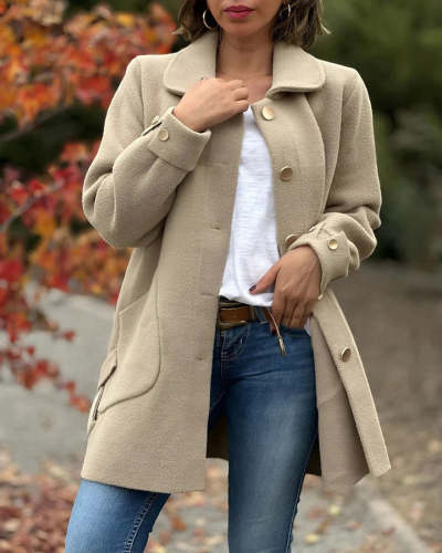 Button-down Large Pocket Side Bow Woolen Jacket