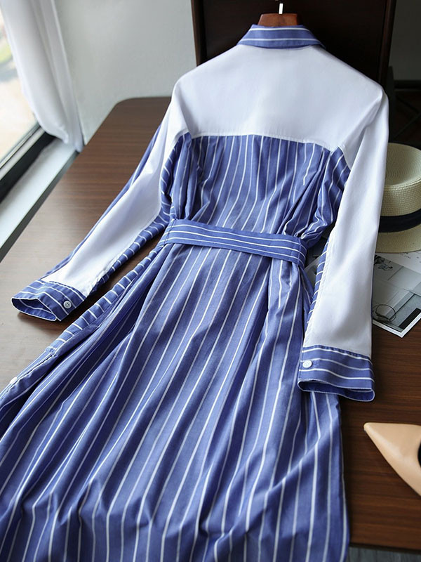Long Sleeves Loose Buttoned Pockets Striped Tied Waist Lapel Midi Dresses Shirt Dress