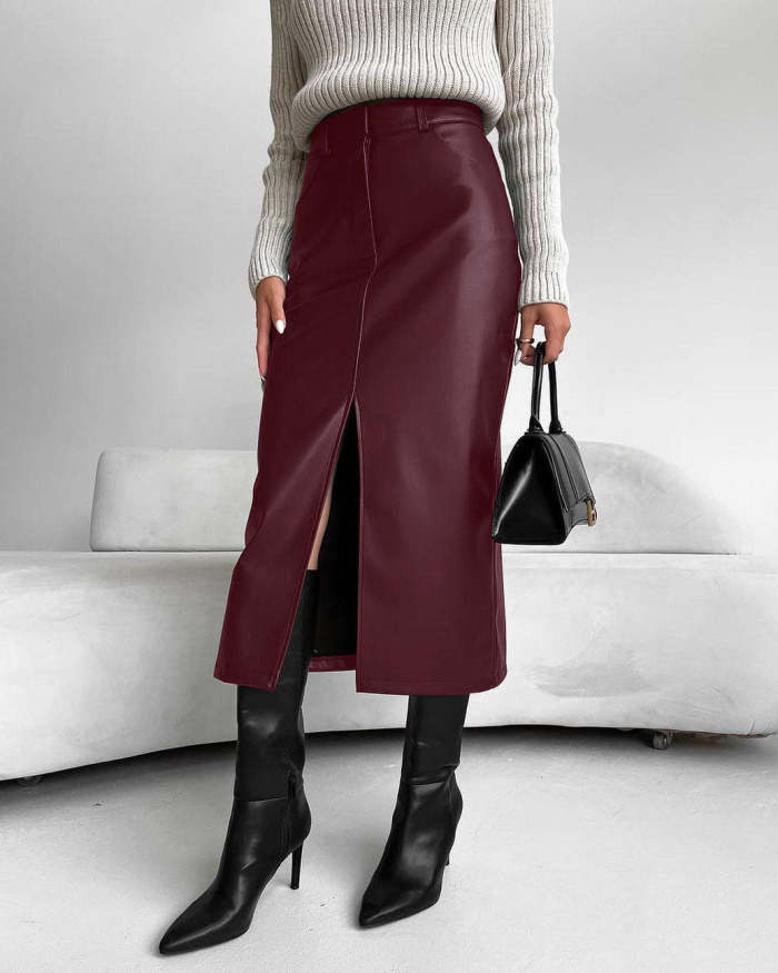 Vintage Front Slit and Lining Faux Leather Skirt