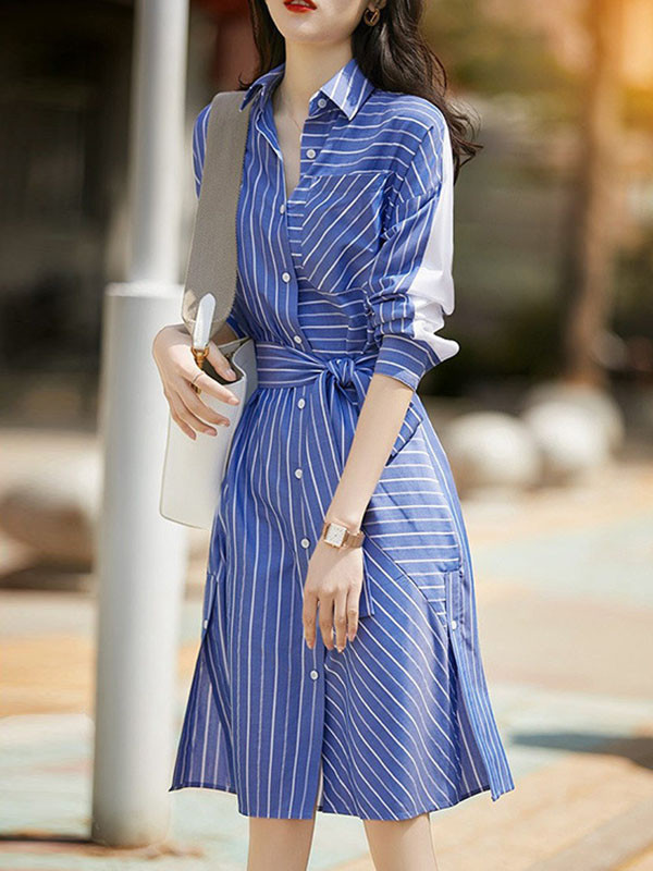 Long Sleeves Loose Buttoned Pockets Striped Tied Waist Lapel Midi Dresses Shirt Dress