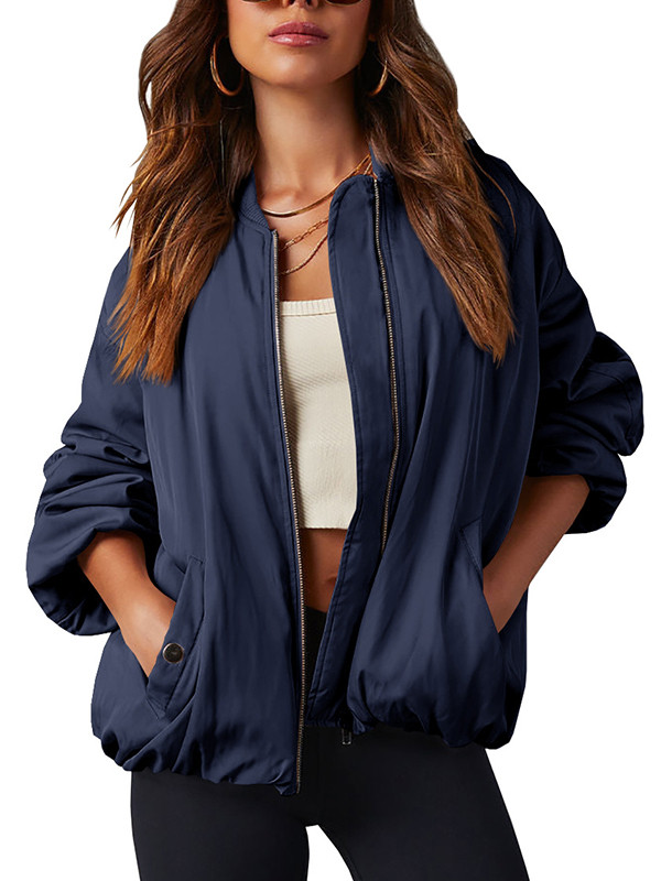 Long Sleeves Loose Pockets Split-Joint Zipper Stand Collar Jackets Outerwear