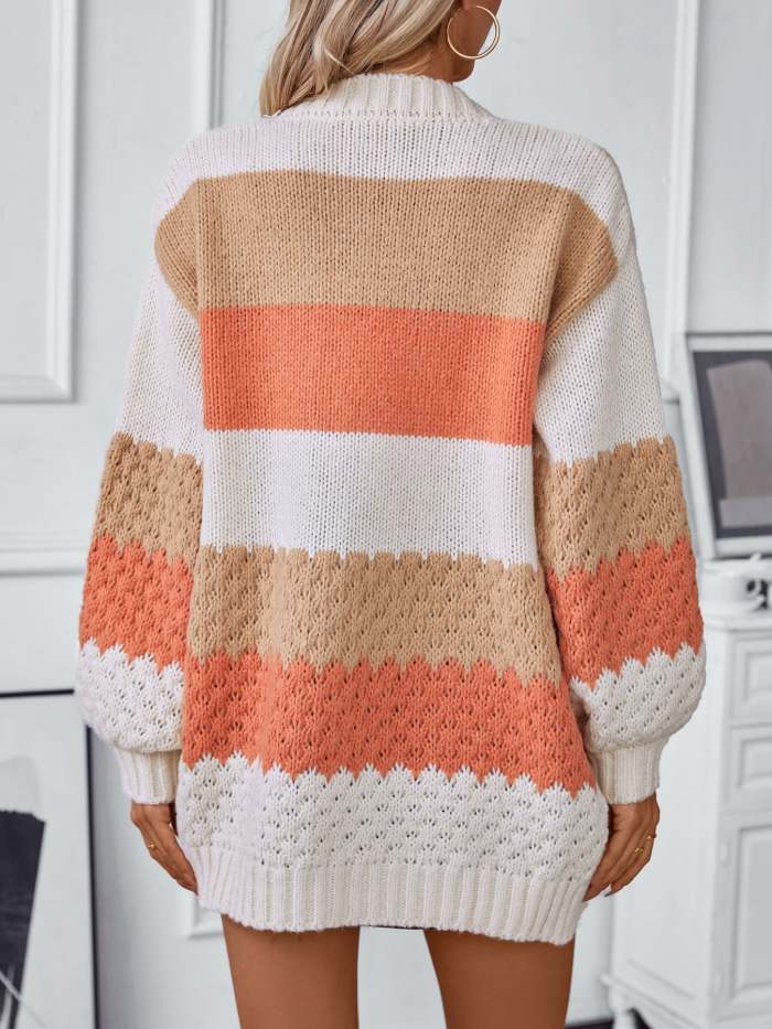 Contrast color wide striped lantern sleeve knitted cardigan
