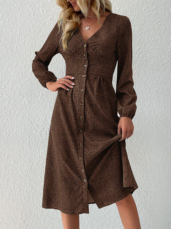 A-Line High Waisted Buttoned Leopard Split-Joint V-Neck Midi Dresses