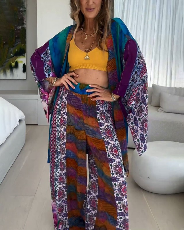 Ethnic style printed kimono two-piece set