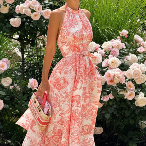Elegant Backless Printed Halter Neck Dress