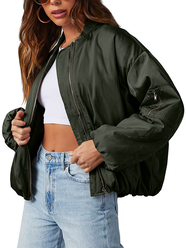 Long Sleeves Loose Pockets Split-Joint Zipper Stand Collar Jackets Outerwear
