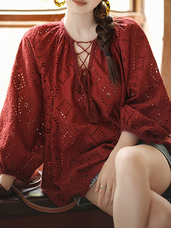 Long Sleeves Loose Hollow Pleated Solid Color Split-Joint Tied V-Neck Blouses&Shirts Tops