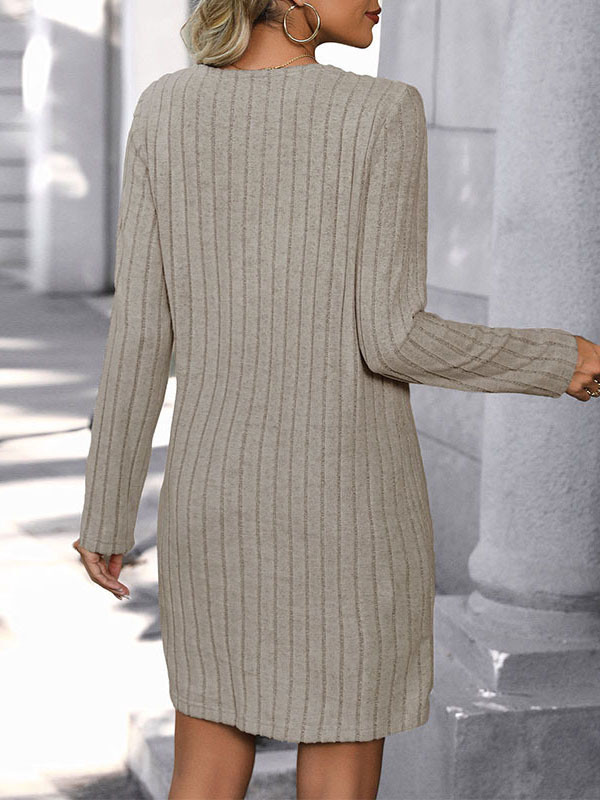 Long Sleeves Loose Buttoned Split-Joint V-Neck Knit Dresses Mini Dresses