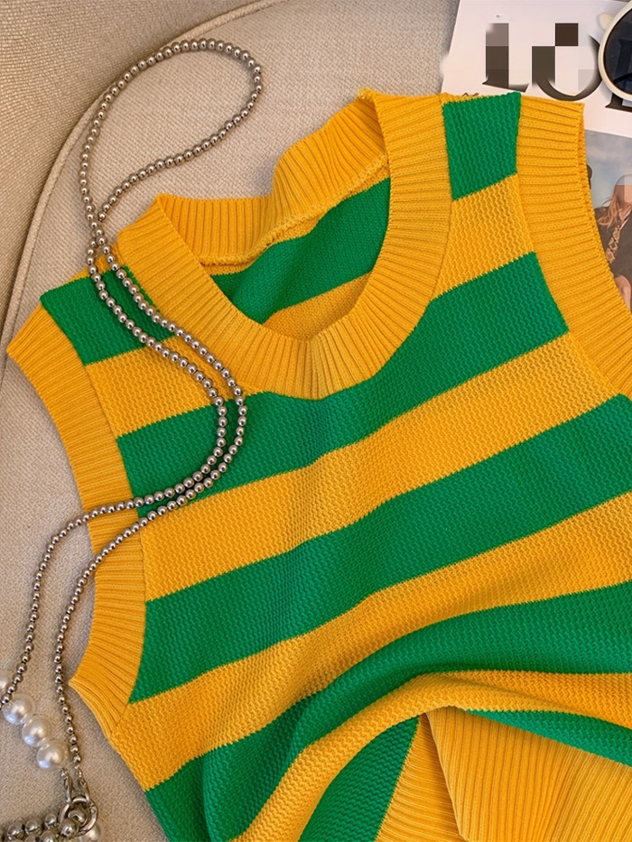 Vibrant Color Block Stripe Print Sweater Vest - Soft, Casual, V-Neck, Long Sleeve, Spring & Fall Essential - Womens Clothing for Everyday Wear