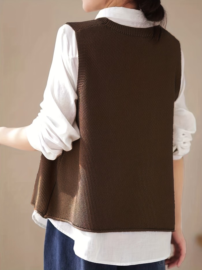 Solid Crew Neck Knitted Vest, Casual Sleeveless Loose Sweater With Pocket, Women's Clothing