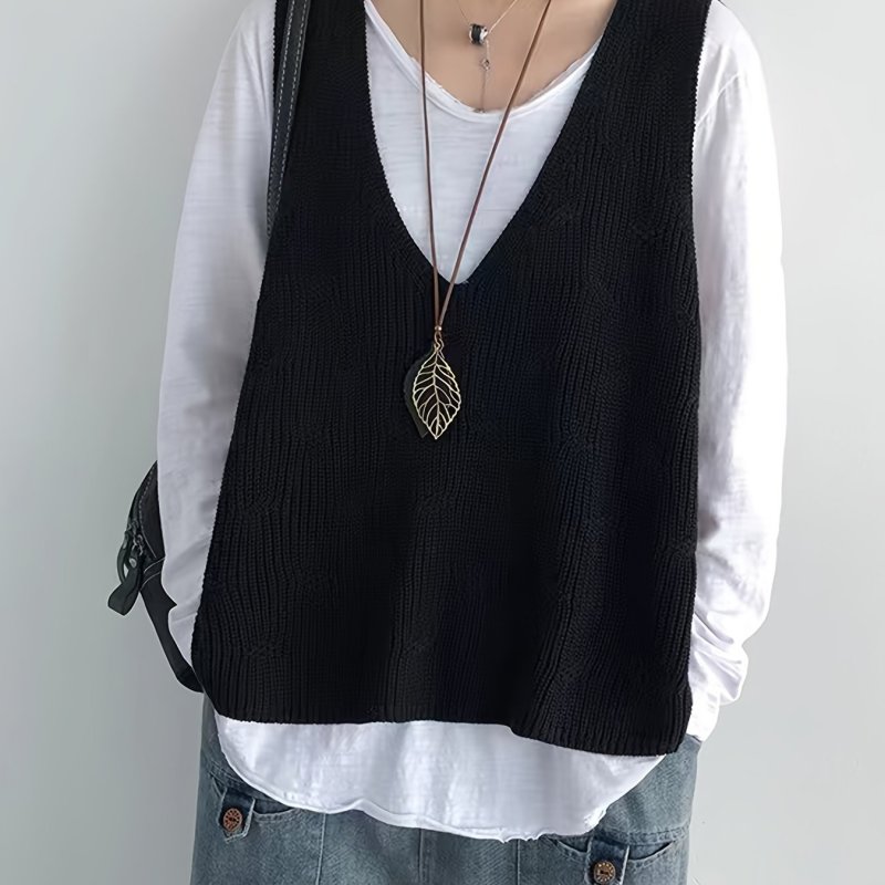 Vibrant Solid Color V Neck Sweater Vest - Soft Mid Elasticity Cotton Knit Fabric, Casual Sleeveless Design for Spring & Fall, Machine Washable, Womens Clothing for Everyday Wear