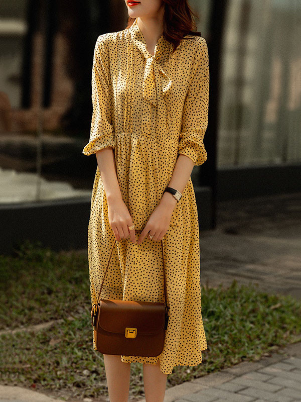 A-Line High Waisted Polka-Dot Tied Mock Neck Midi Dresses