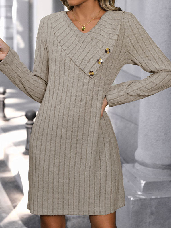 Long Sleeves Loose Buttoned Split-Joint V-Neck Knit Dresses Mini Dresses