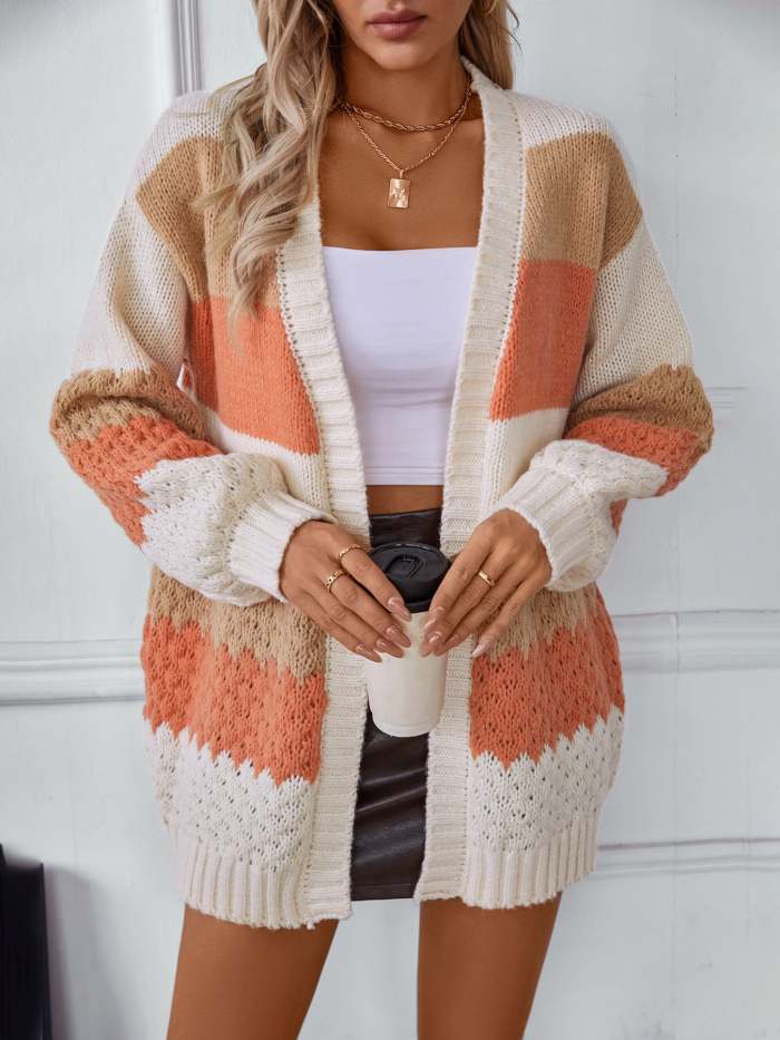 Contrast color wide striped lantern sleeve knitted cardigan