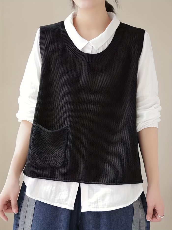 Solid Crew Neck Knitted Vest, Casual Sleeveless Loose Sweater With Pocket, Women's Clothing