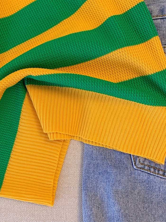 Vibrant Color Block Stripe Print Sweater Vest - Soft, Casual, V-Neck, Long Sleeve, Spring & Fall Essential - Womens Clothing for Everyday Wear