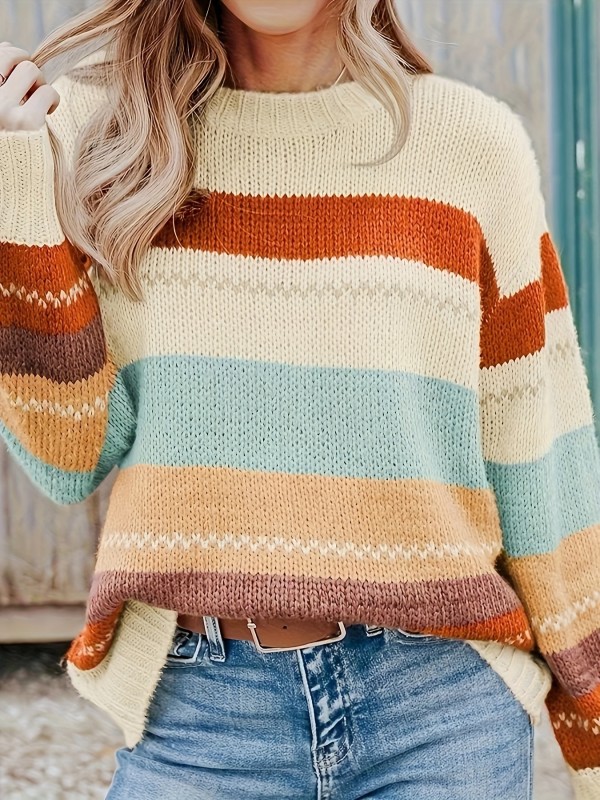 Cozy Striped Crew Neck Sweater - Soft, Casual, Long Sleeve, Drop Shoulder, Pullover Design for Fall & Winter - Women's Knitted Clothing for Everyday Wear
