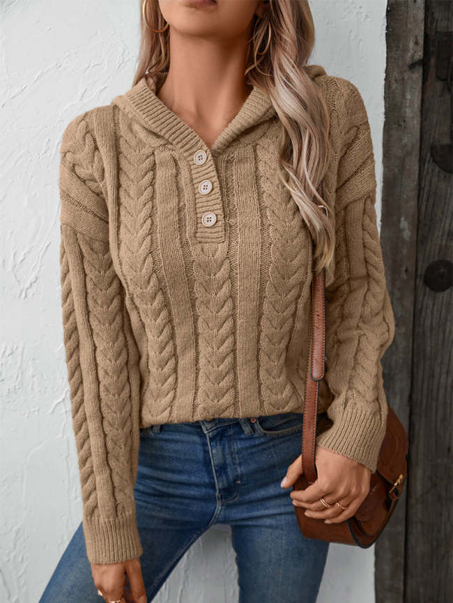 Thick buttoned twist hooded sweater