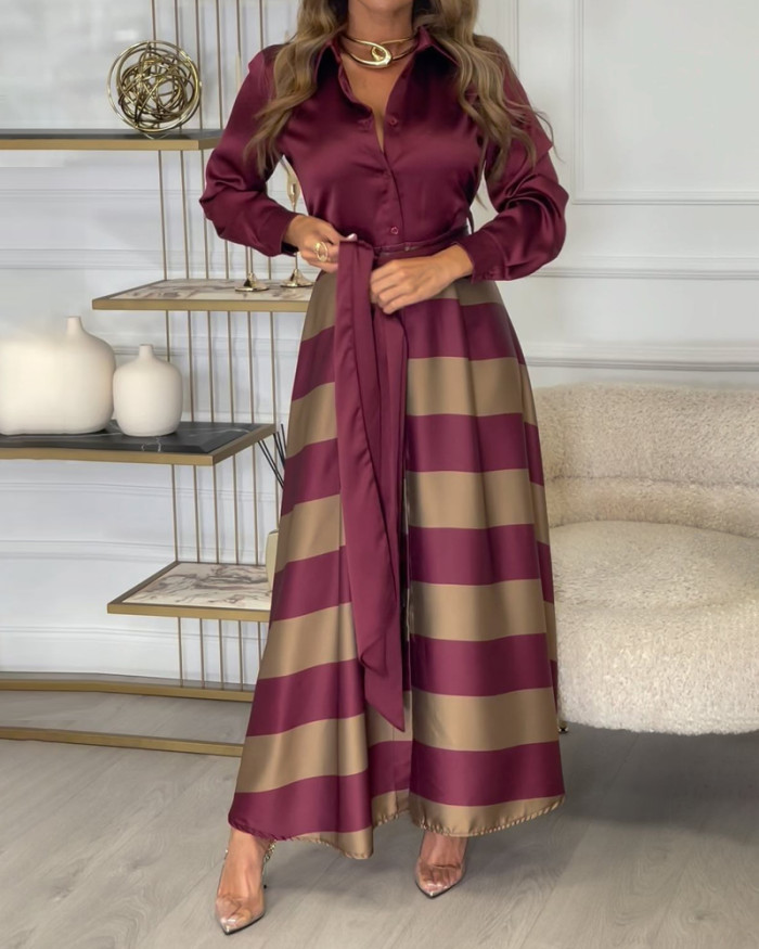 Elegant Shirt & Striped Skirt  Maxi Dresses