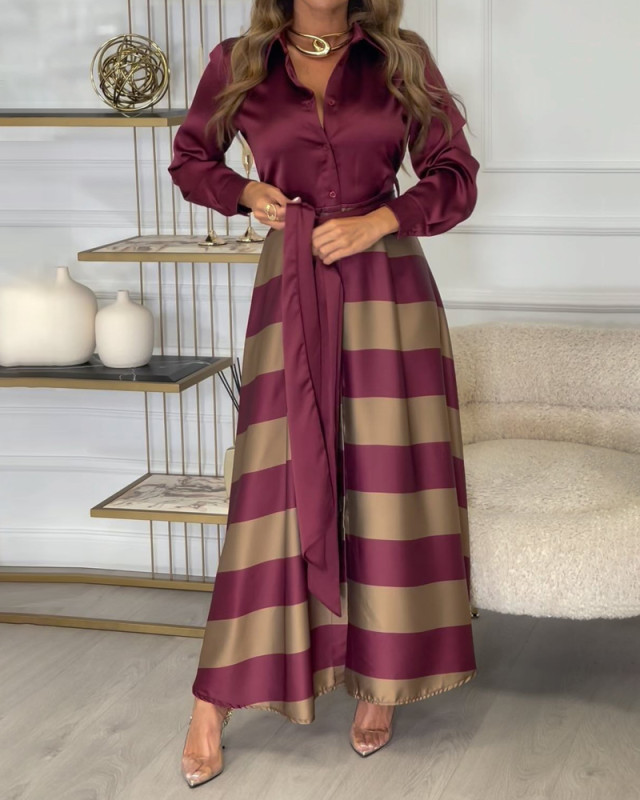 Elegant Shirt & Striped Skirt  Maxi Dresses