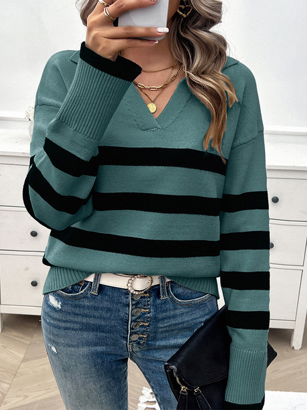 Long Sleeves Loose Contrast Color Striped Lapel Pullovers Sweater Tops
