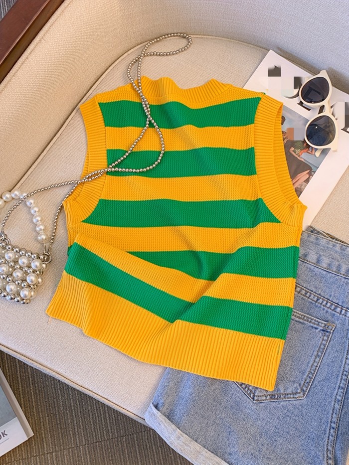 Vibrant Color Block Stripe Print Sweater Vest - Soft, Casual, V-Neck, Long Sleeve, Spring & Fall Essential - Womens Clothing for Everyday Wear