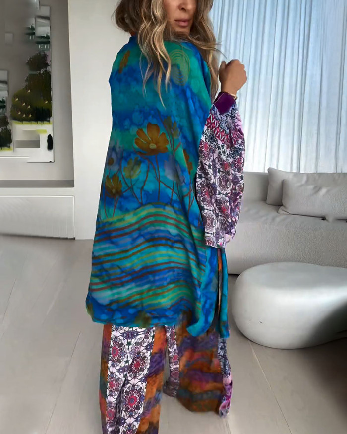 Ethnic style printed kimono two-piece set