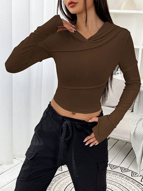 Hooded Long Sleeves Hollow Solid Color Split-Joint V-Neck T-Shirts Tops