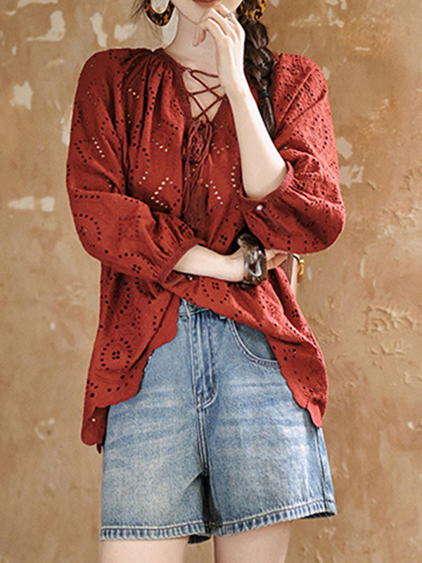 Long Sleeves Loose Hollow Pleated Solid Color Split-Joint Tied V-Neck Blouses&Shirts Tops