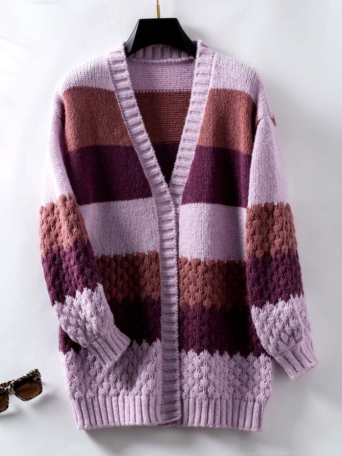 Contrast color wide striped lantern sleeve knitted cardigan