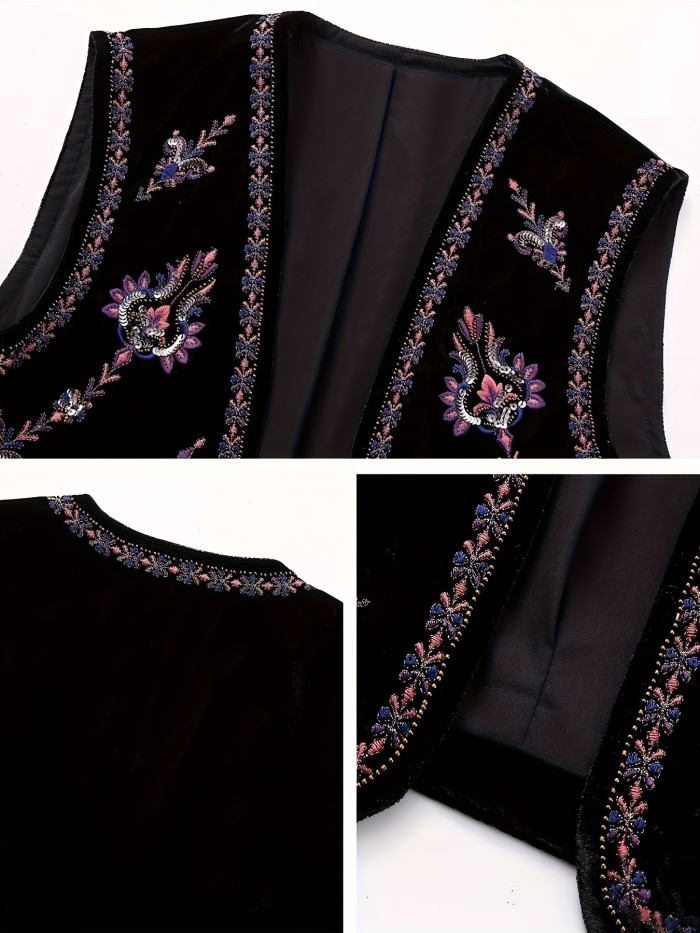 Women's Vintage Embroidered Vest Velvet Floral Boho Open Front Cropped Cardigan Vests