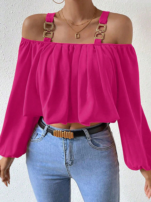 Long Sleeves Loose Elasticity Split-Joint Cold Shoulder Blouses&Shirts Tops