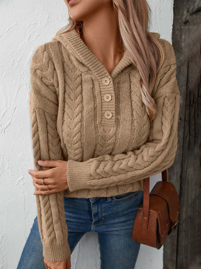 Thick buttoned twist hooded sweater