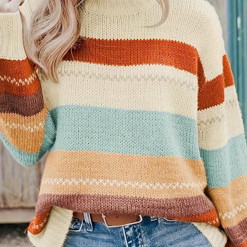Cozy Striped Crew Neck Sweater - Soft, Casual, Long Sleeve, Drop Shoulder, Pullover Design for Fall & Winter - Women's Knitted Clothing for Everyday Wear