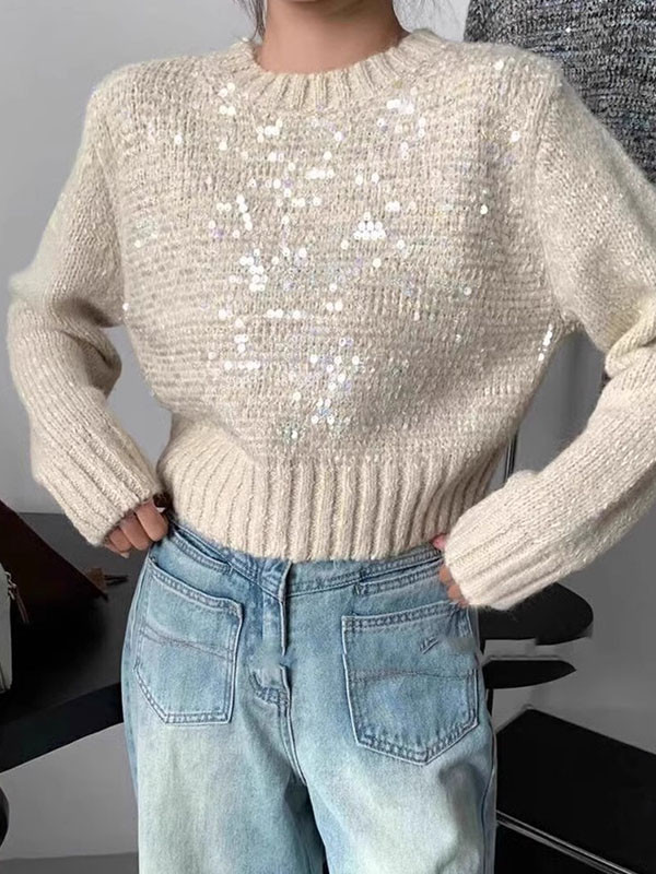 Long Sleeves Loose Sequined Split-Joint Round-Neck Pullovers Sweater Tops