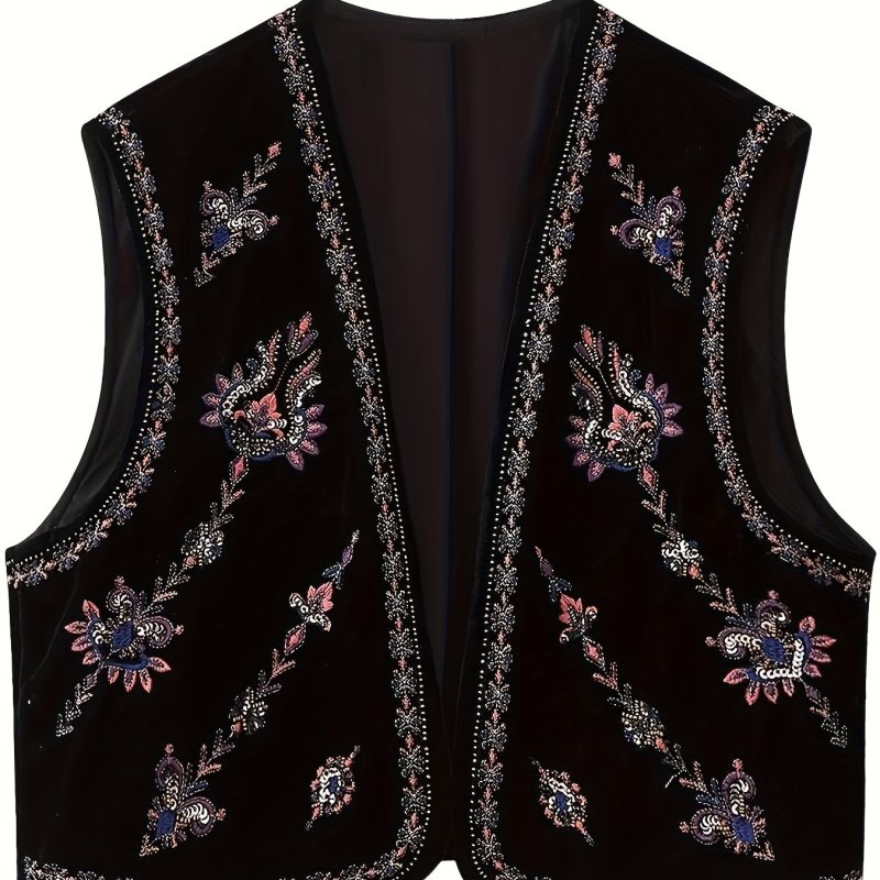 Women's Vintage Embroidered Vest Velvet Floral Boho Open Front Cropped Cardigan Vests