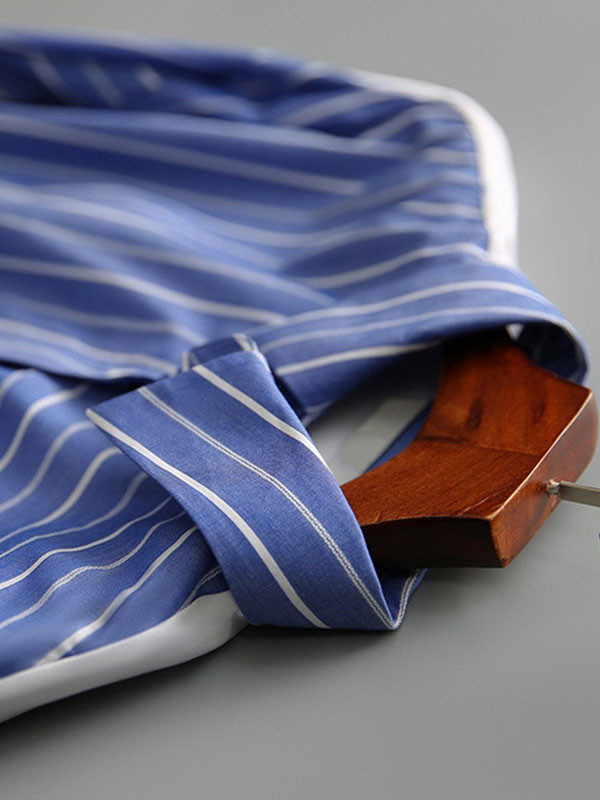 Long Sleeves Loose Buttoned Pockets Striped Tied Waist Lapel Midi Dresses Shirt Dress