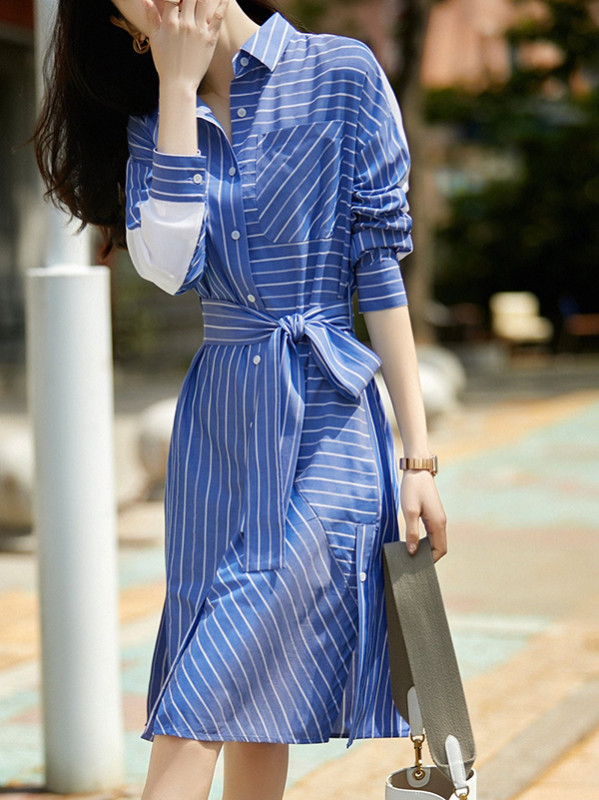 Long Sleeves Loose Buttoned Pockets Striped Tied Waist Lapel Midi Dresses Shirt Dress