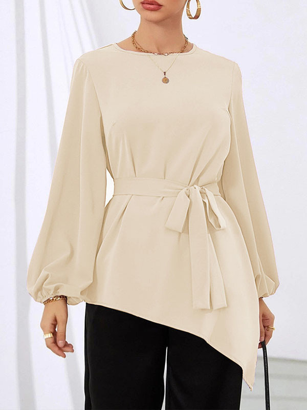 Long Sleeves Loose Asymmetric Elasticity Hollow Solid Color Tied Waist Round-Neck Blouses&Shirts Tops