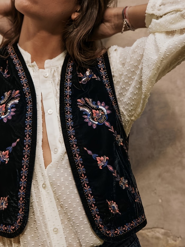 Women's Vintage Embroidered Vest Velvet Floral Boho Open Front Cropped Cardigan Vests
