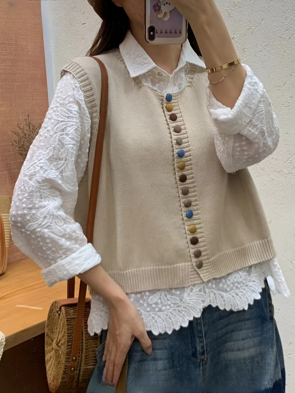Elegant Women's Wool-Cotton Blend Sweater Vest - Crew Neck, Button Front, Stretch Knit for Fall\u002FWinter