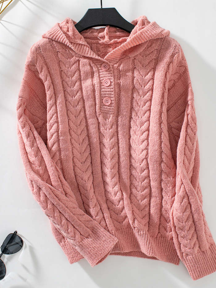 Thick buttoned twist hooded sweater